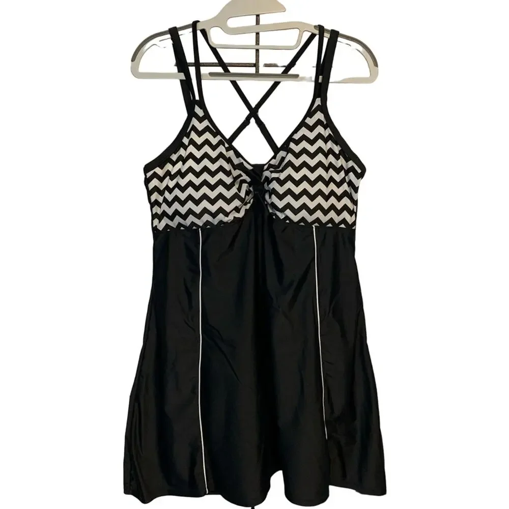 Swim Dress Black‎ and White Chevron Pattern